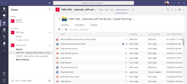 Condensed version of NetDocs workspace inside MS Teams channel | Legal Document Management