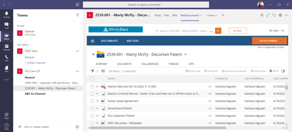 Full version of NetDocs workspace inside MS Teams channel | Legal Document Management