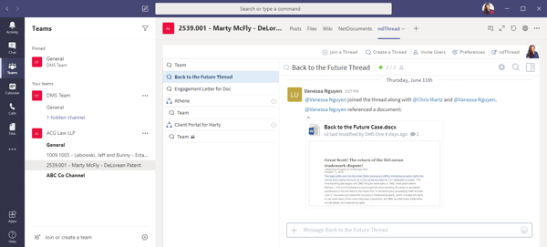 NetDocuments ndThread inside an MS Teams channel | Legal Document Management